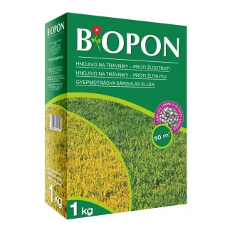 Biopon növénytáp Gyep Sárgulás elleni granulátum 1kg (50 m2) – Problémamegoldó gyeptrágyák (gyom, moha, stressz)