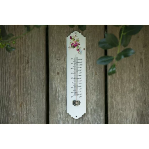 Hőmérő kültéri, fém, virágmintás fehér, 30x6,5x1cm