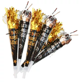 Újévi party trombita , 26 cm, 6 db, glitteres fekete-arany/ezüst – Szilveszter