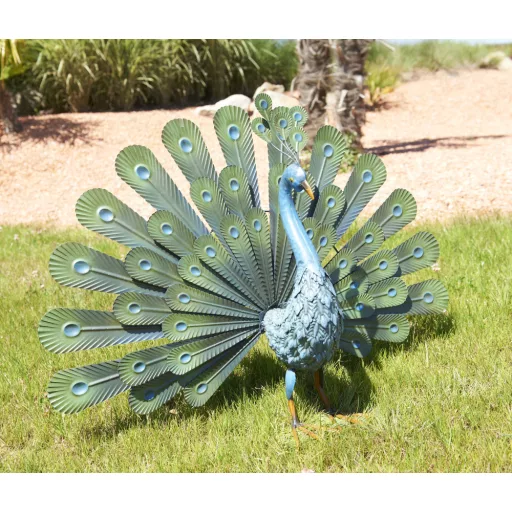 PEACOCK színes pávafigura fémből zöld27x8x56cm – Dekoráció - egész évben