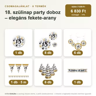   18. szülinap party doboz – elegáns fekete-arany (6 részes)