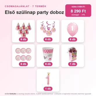   Első szülinap party doboz – rózsaszín (7 részes, 6 főre)