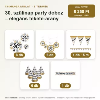   30. szülinap party doboz – elegáns fekete-arany (5 részes)