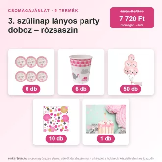 3. szülinap lányos party doboz – rózsaszín (5 részes)