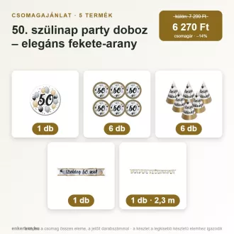   50. szülinap party doboz – elegáns fekete-arany (5 részes)