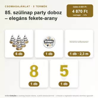   85. szülinap party doboz – elegáns fekete-arany (5 részes)