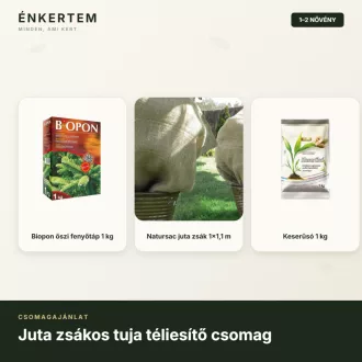   Juta zsákos tuja téliesítő csomag – trágya, keserűsó, átteleltető zsák