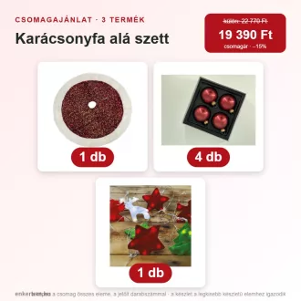   Karácsonyfa alá szett – piros flitteres talptakaró, bordó gömbök, fényfüzér (3 részes)