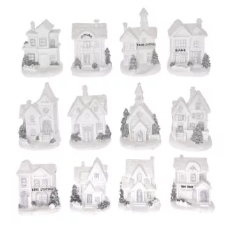 LED-es téli házikó, fehér-ezüst, 7×6×10 cm