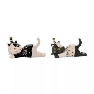 Macska fekvő kerámia 13.2x7.9x6.5cm fekete, fehér, arany