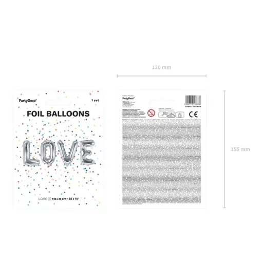 Fólia léggömb "LOVE" 140x35cm, ezüst