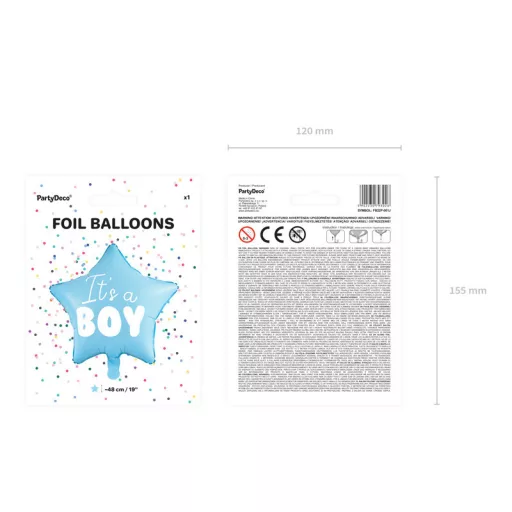 Fólia léggömb, csillag alakú, It's a boy felirattal, 48cm, világoskék