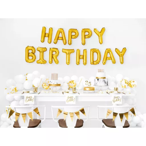Fólia léggömb "Happy Birthday", 340x35cm, arany