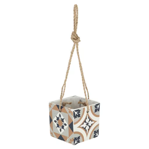 Mediterrán stílusú kerámia felakasztható virágcserép, portugál mozaik mintával, 13,6 x 13,6 cm, kültéri és beltéri dekorációs kiegészítő