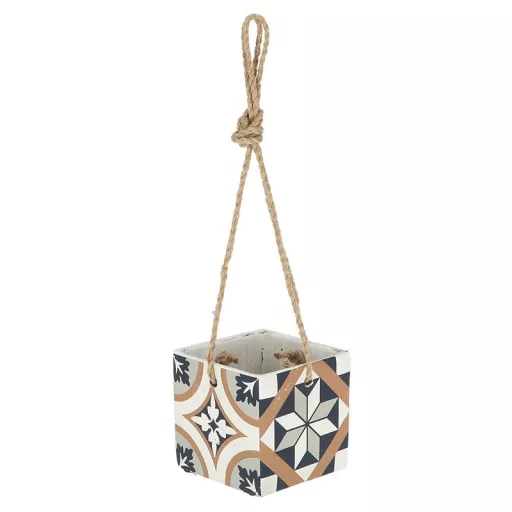 Mediterrán stílusú kerámia felakasztható virágcserép, portugál mozaik mintával, 13,6 x 13,6 cm, kültéri és beltéri dekorációs kiegészítő