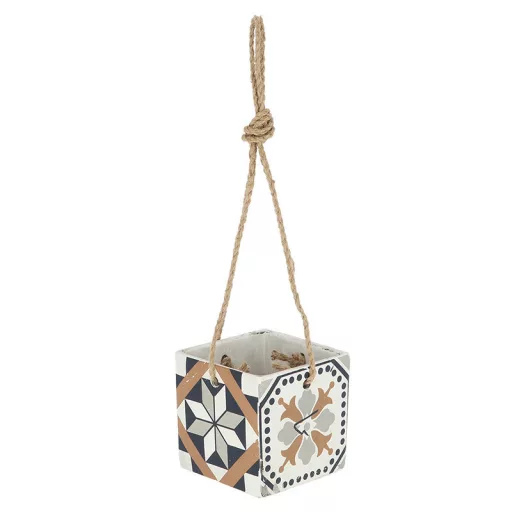 Mediterrán stílusú kerámia felakasztható virágcserép, portugál mozaik mintával, 13,6 x 13,6 cm, kültéri és beltéri dekorációs kiegészítő