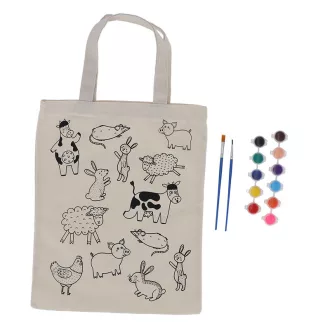   Kifesthető farm állatos vászon gyerek táska, festékkel és ecsettel, 29 x 30 cm