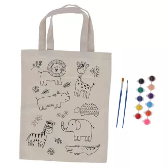   Kifesthető vadon élő állatos vászon gyerek táska, festékkel és ecsettel, 29 x 30 cm