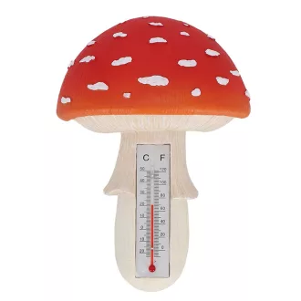   Felakasztható polyresin hőmérő, légyölő galócás, 17 cm