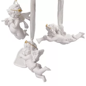 Fehér polyresin angyal hangszerrel, akasztóval, 12 cm – Karácsonyi akasztható díszek