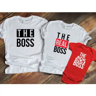 Családi fehér-piros pólószett - The boss, real boss, new boss gyerek – Családi fehér piros pólószett The boss real boss new