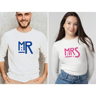 Mr & Mrs páros hosszú ujjú póló – kék/magenta női