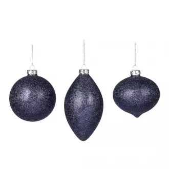 Éjkék karácsonyi üvegdísz szett, 3 féle, 8 cm
