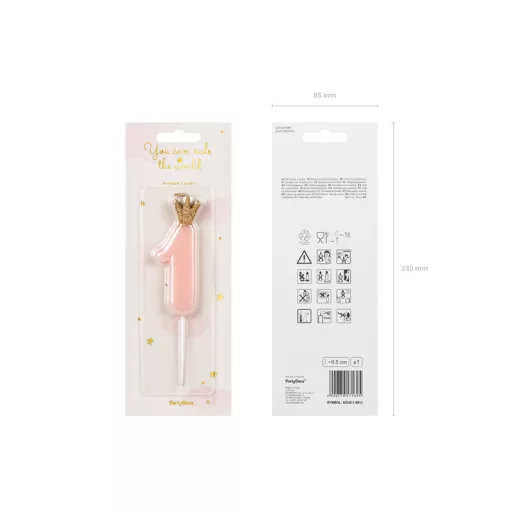 Szülinapi számgyertya, 1, halványrózsaszín, 9.5 cm