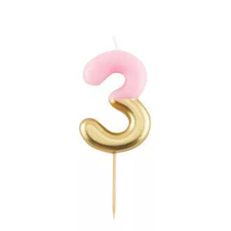 3-as Fényes Pink Arany Szülinapi Számgyertya – Gyertya, Csillagszóró, Tűzijáték és Szívószál