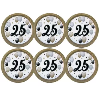   25-ös Számos Szülinapi Elegáns Léggömbös Parti Papír Tányér, 23 cm-es, 6 db-os