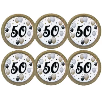   50-es Számos Szülinapi Elegáns Léggömbös Parti Papír Tányér, 23 cm-es, 6 db-os