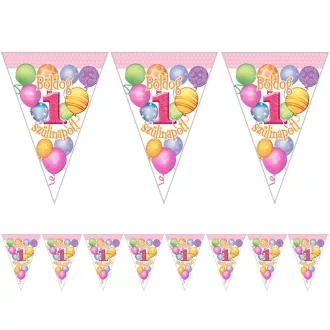   Boldog 1. Szülinapot! Léggömbös Rózsaszín Lányos Zászlófüzér - 5 m