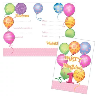   Első Szülinapi Léggömb Mintás Rózsaszín Lányos Meghívó - 8 db-os