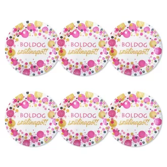   Boldog Szülinapot! Rózsaszín pasztell Konfettis Parti Tányér, 23 cm, 6 db-os