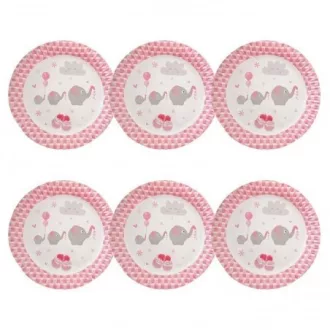 Rózsaszín Elefántos Parti Tányér, 23 cm, 6 db-os