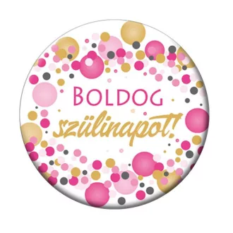Boldog Szülinapot! Rózsaszín pasztell Konfetti Kitűző - 5,5 cm – Szülinapi és Számos Kitűzők