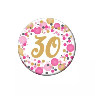   30-as Rózsaszín pasztell Konfettis Szülinapi Számos Parti Kitűző - 5,5 cm